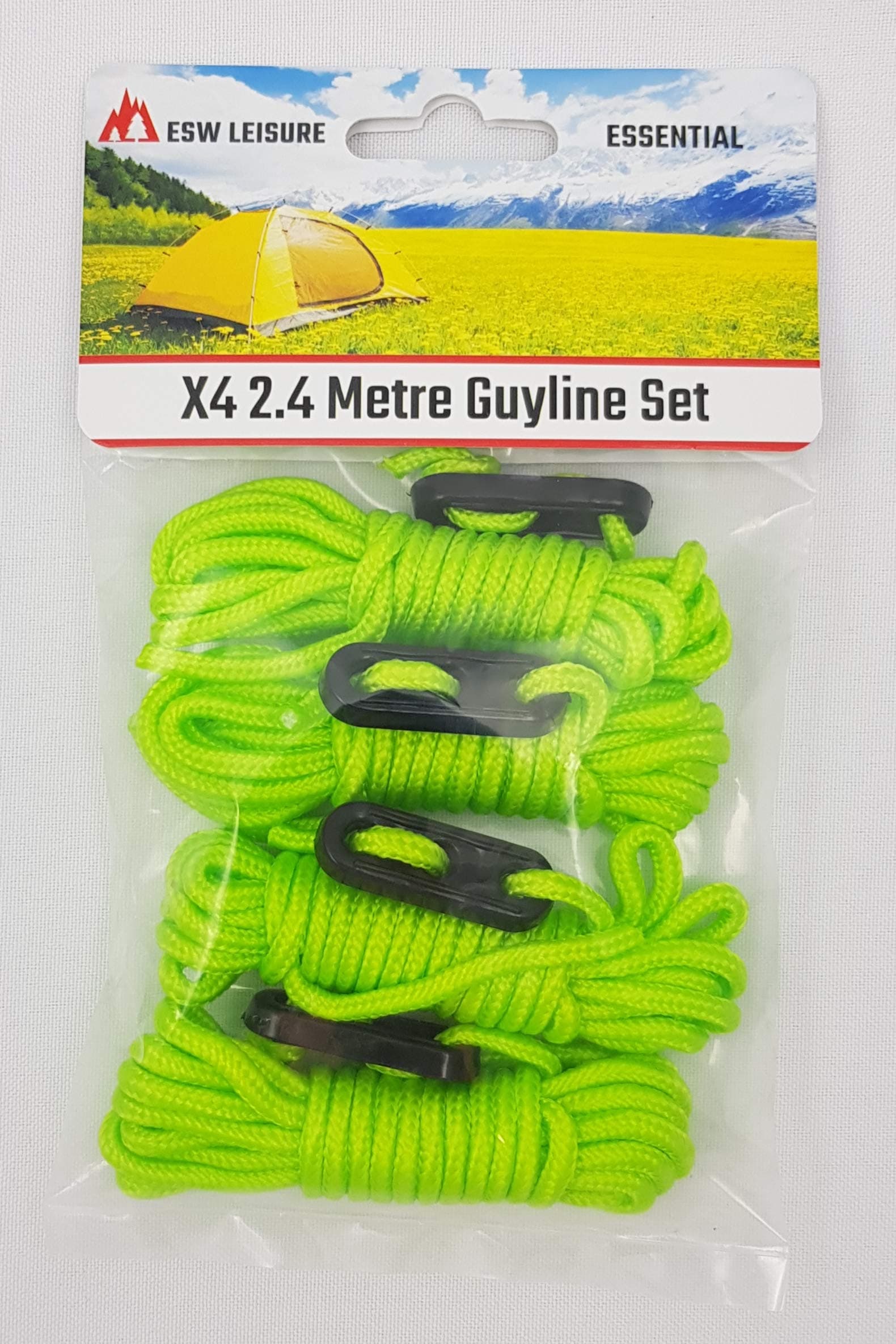 Guyline Ropes 4 Pack For Tents Awning Camping Strong Lightweight Paracord Guy Rope With Tensioner Guy Lines Fishing Umbrella Bivvy Caravan Gazebo Tarp (Flourescent Green, 2.4 Metre 4 Pack)