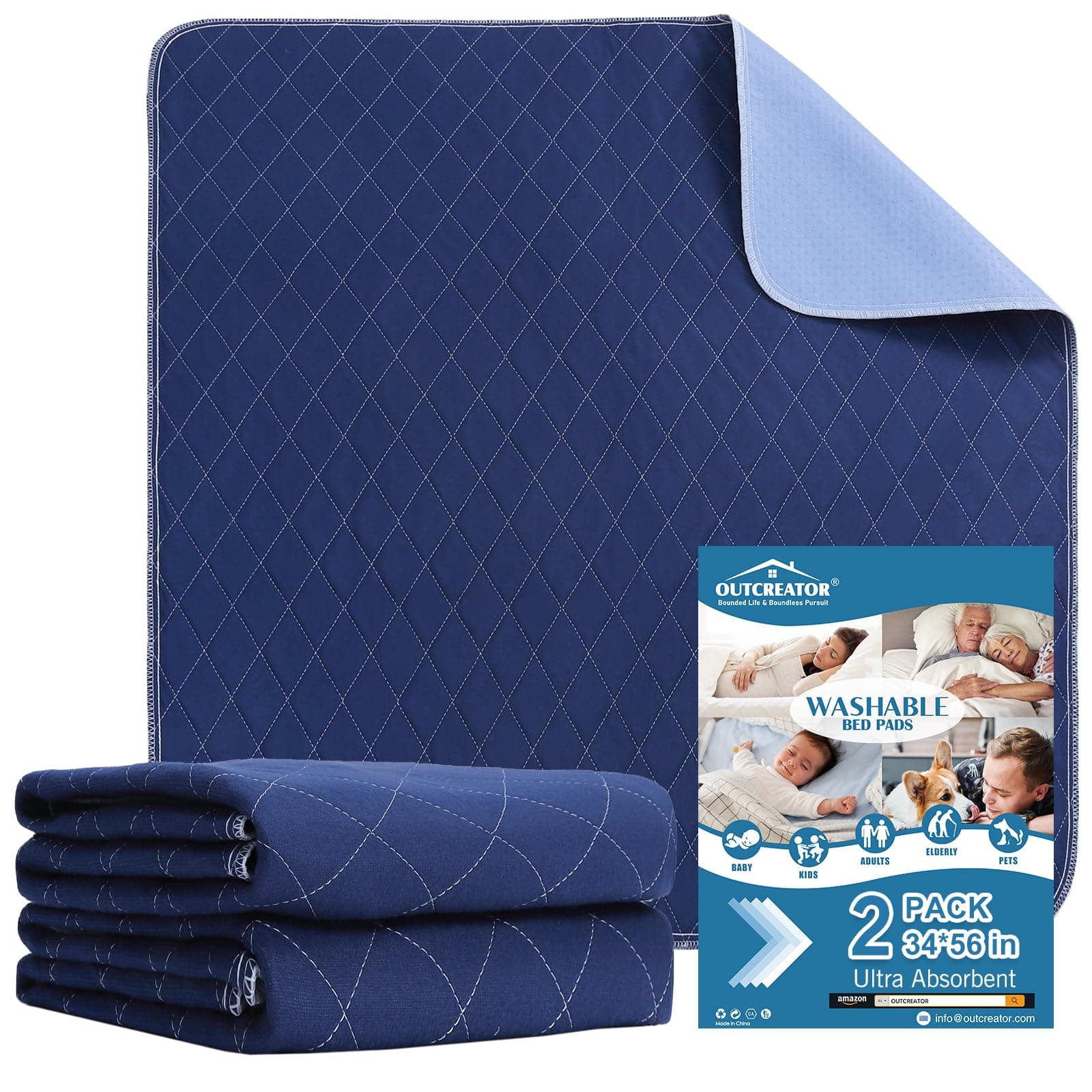 OUTCREATOR® Washable Bed Pads 34" x 56" (Pack of 2), Incontinence Mattress Protector, Anti-Slip Waterproof Underpads for Adults Kids Elderly Pets, Absorbency & Reusable Bedwetting Pads (Dark Blue)