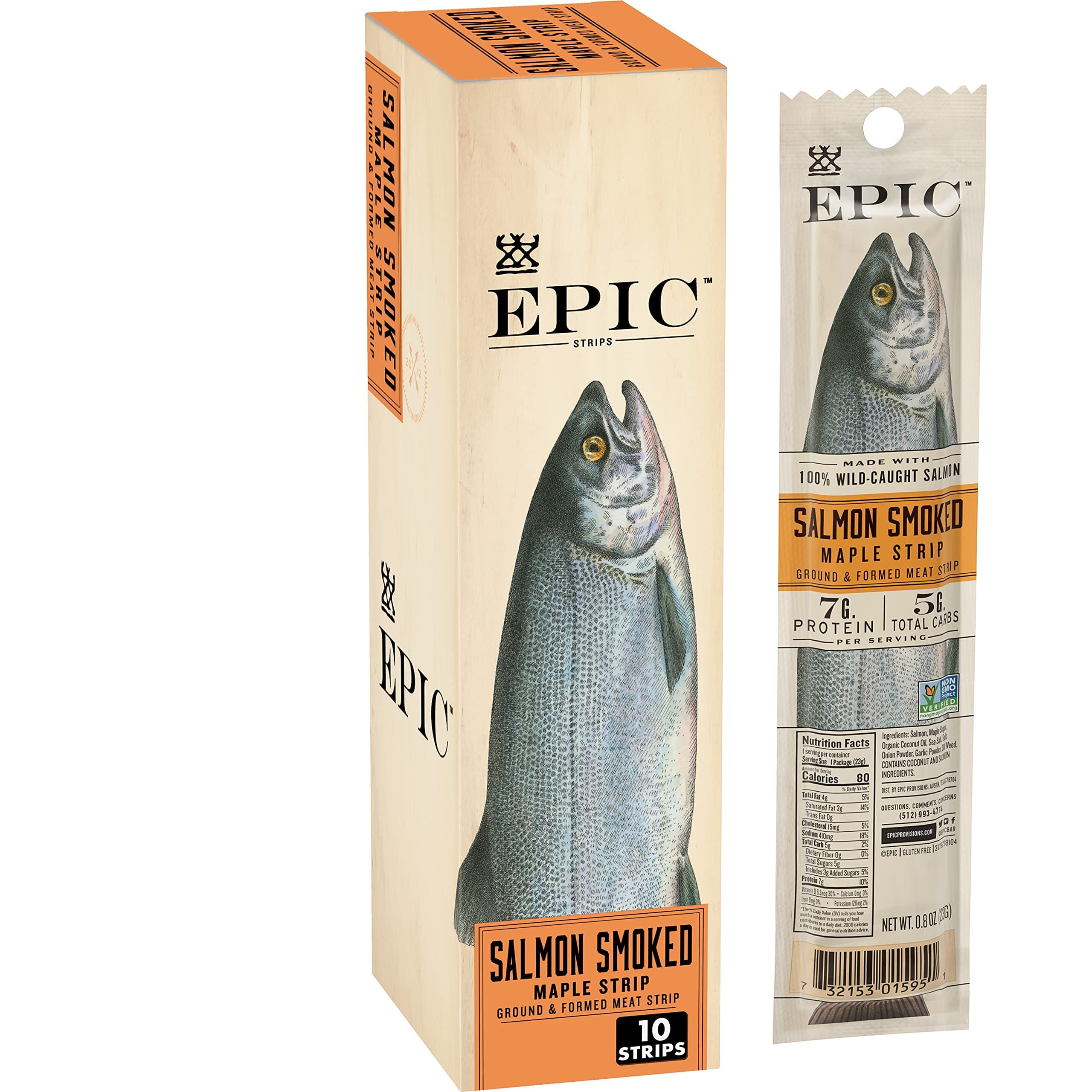 EPIC Snack Strips, Smoked Salmon, Paleo Friendly, 0.8 oz Strips, 10 ct