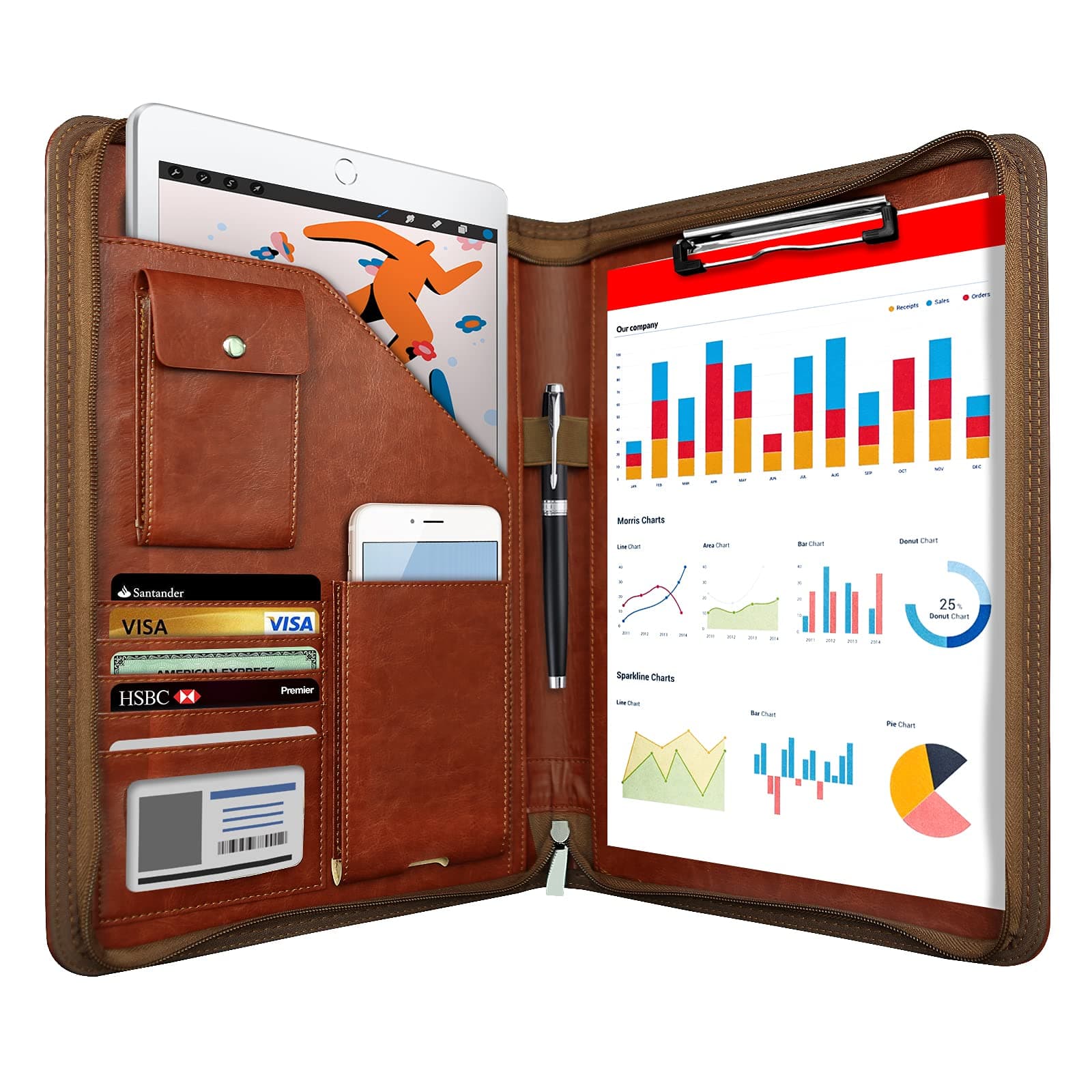 WRIYES Zippered Padfolio Organizer, Leather Planner Binder, 10.2 Inch Portfolio Folder for Documents, Letter Size Business Card Holder for Men&Women (Brown)