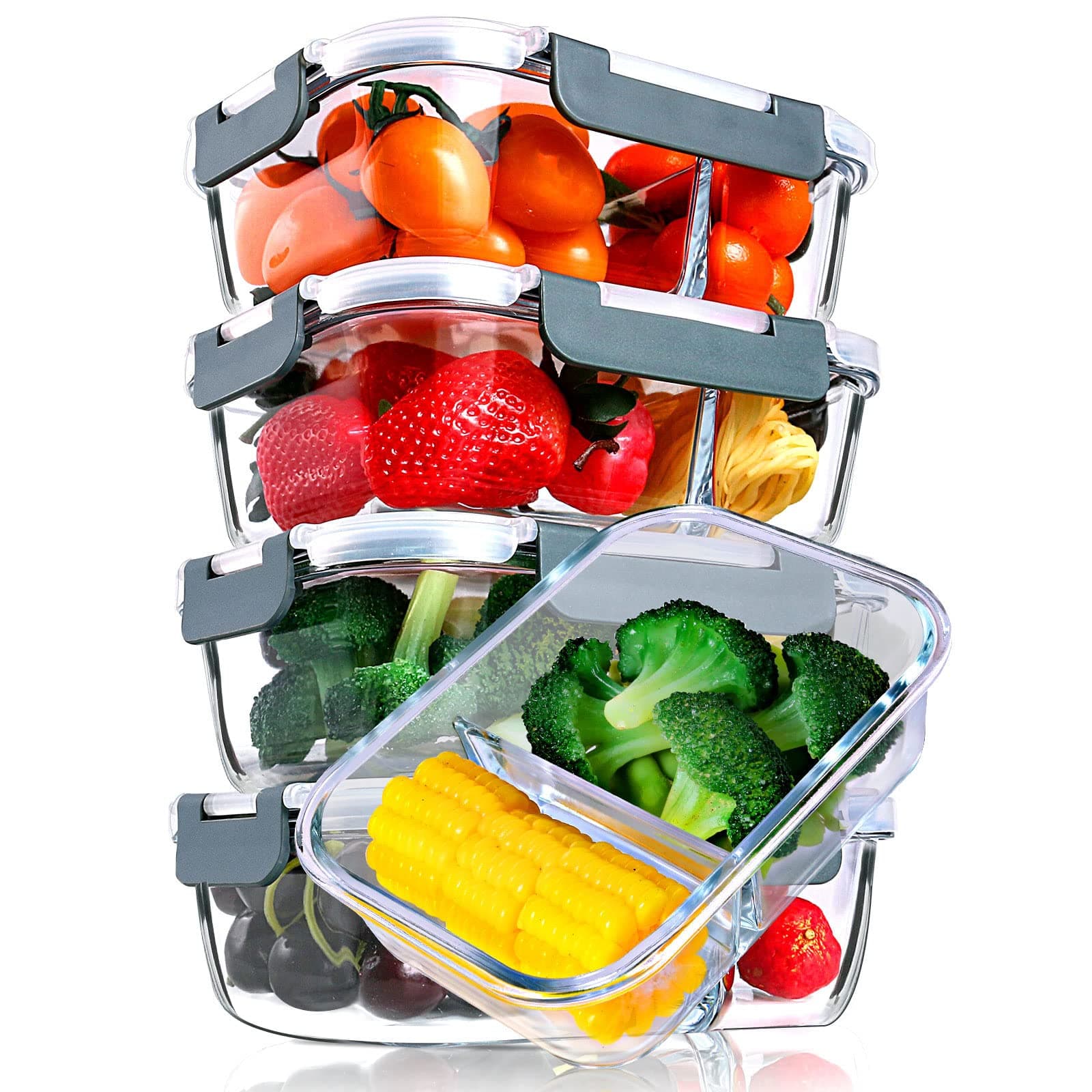 [5-Packs,29 oz]Glass Food Storage Container Set with Two Compartments