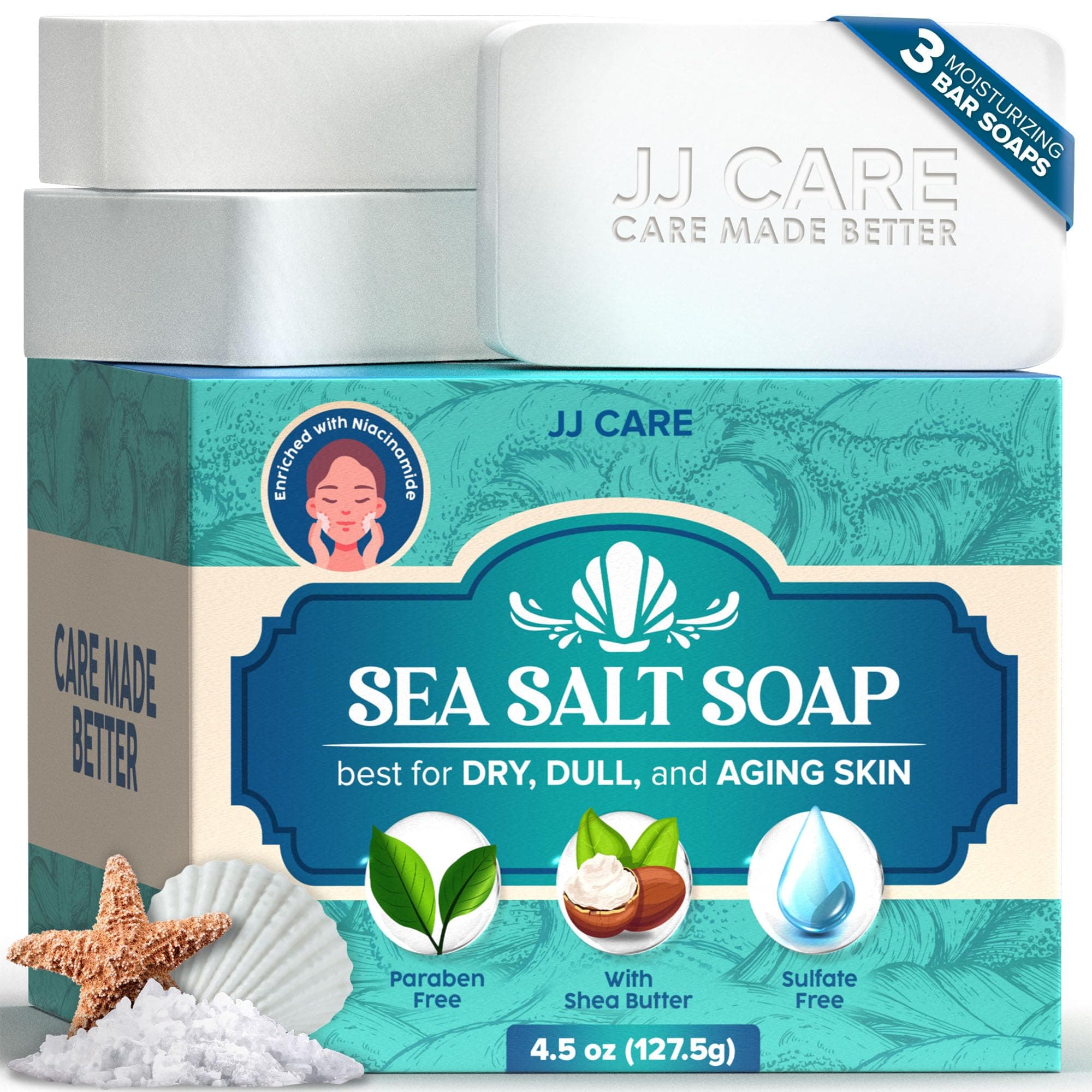 JJ CARE Sea Salt Soap 4.5 oz. (Pack of 3), Salt Soap for Face and Body, Sea Salt Soap Bar with Goat's Milk and Olive Extract, For All Skin Types Moisturizing Salt Soap