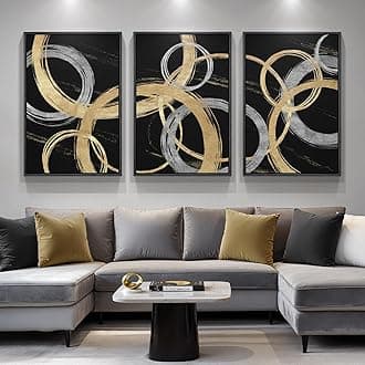 Large Framed Black and Gold Abstract Canvas Wall Art for Living Room, 3 Piece Modern Prints Paintings Artwork for Walls, Gold Silver Abstract Circle for Hallway Dining Office Wall Decor 24x36 Inch