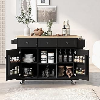 Modern Mobile Kitchen Island Cart with Rubber Wood Drop-Leaf Countertop and Internal Storage Racks,Cabinet with 5 Wheels and 3 Drawers,for Dining Room, Bathroom (Black@E)