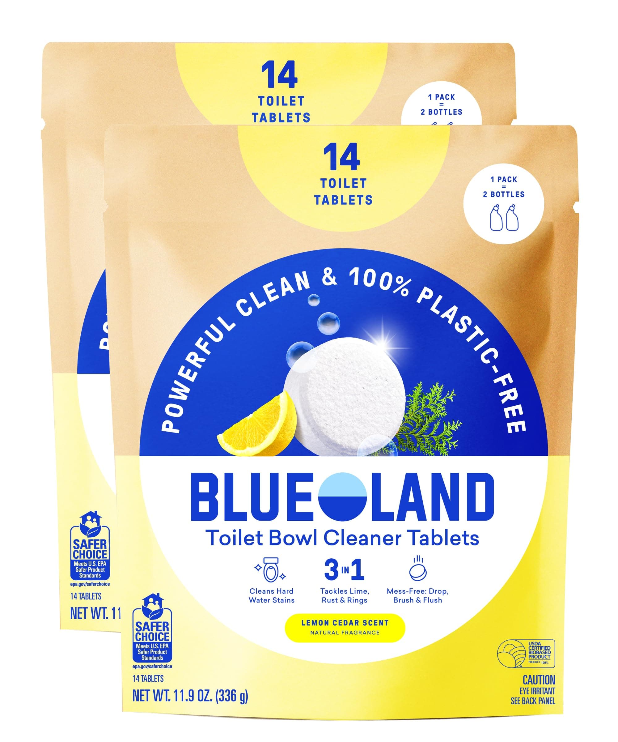 - BLUELAND Toilet Bowl Cleaner Tablets, 2-Pack, 28 Count, Lemon Cedar, Plastic-Free, No Harsh Chemicals, Plant-Based