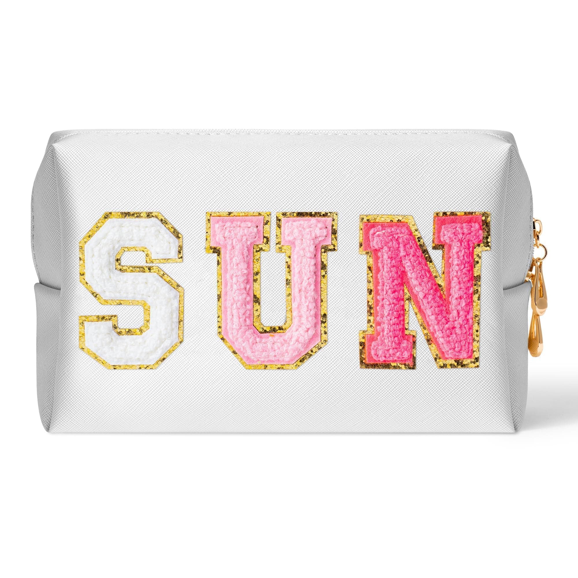Preppy Patch Sun Cosmetic Bag Spring Summer Sunscreen PU Leather Toiletry Makeup Bag Portable Waterproof Makeup Pouch Travel Beach Pouch Daily Use Zipper Purse for Women Girls Birthday Gifts