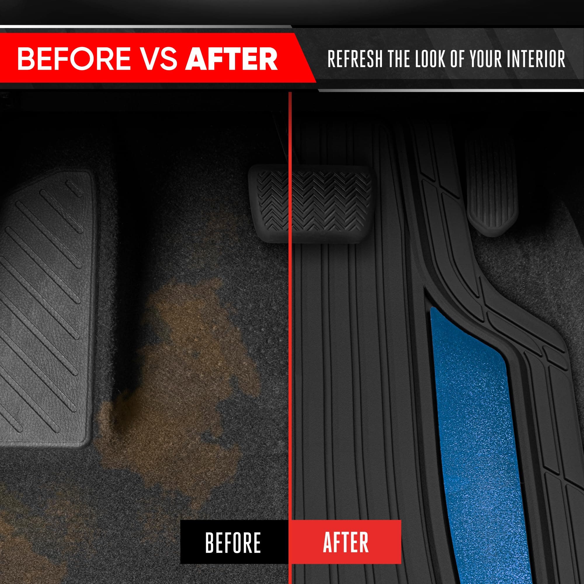 Motor Trend ChromeTech Car Floor Mats Full Set - Durable Rubber Floor Mats for Cars with Two Tone Accent, All Weather Interior Protection for Front and Rear with Non-Slip Backing, Black/Blue