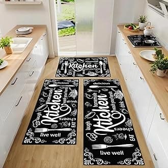 Kitchen Mats for Floor, Non Slip Washable Kitchen Rugs Sets of 3, Black Farmhouse Cushioned Stain Resistant Kitchen Runner Rug for Kitchen Floor, Laundry Room, Bathroom, Entryway Carpet Decor