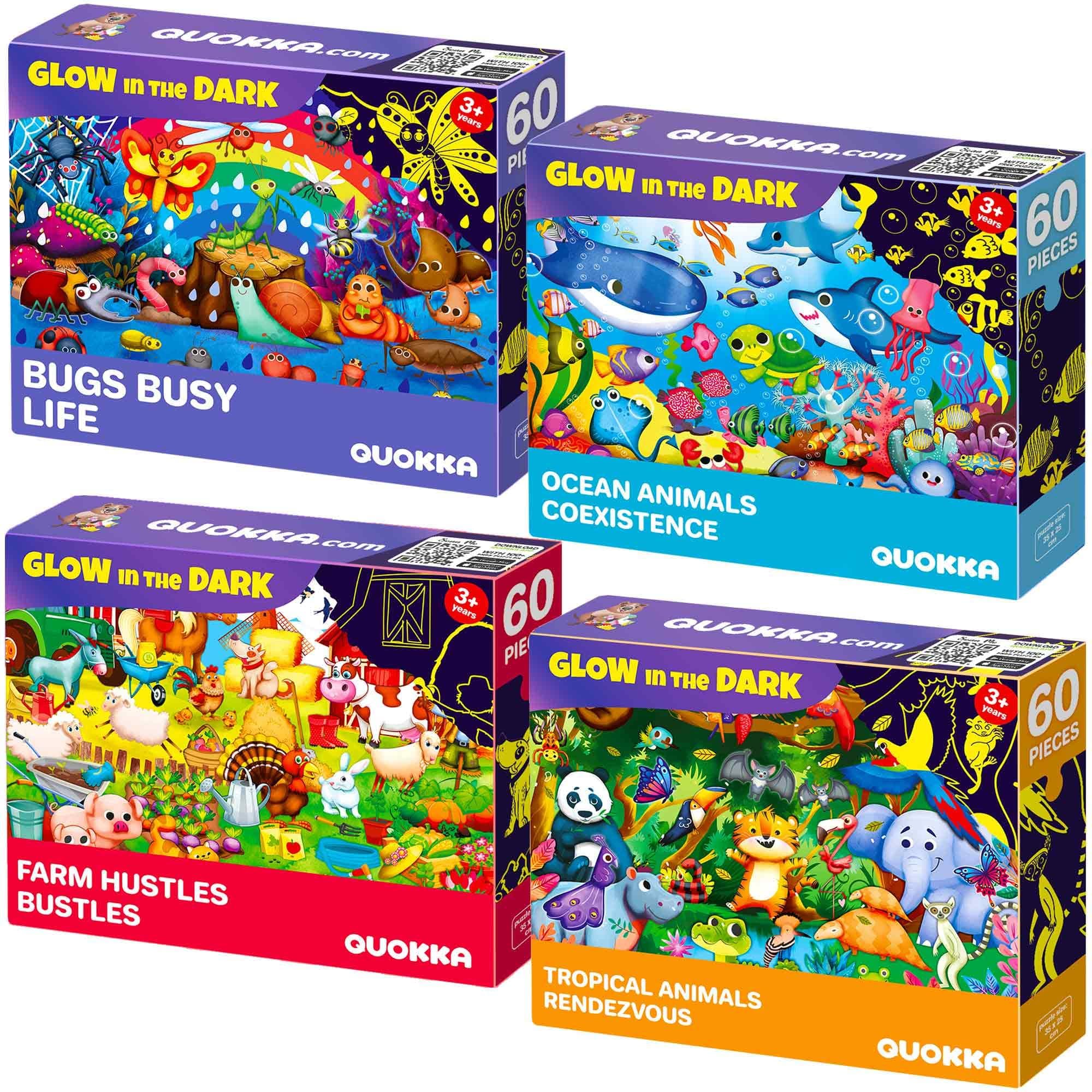 Puzzle from 4 5 for Children - 4 x 60 Pieces Frame Puzzle from 5 6 Boys and Girls - Glow Puzzle Games with Tropical Animals and Insects on the Farm in the Ocean - Gift for Children 6 7 8 Years