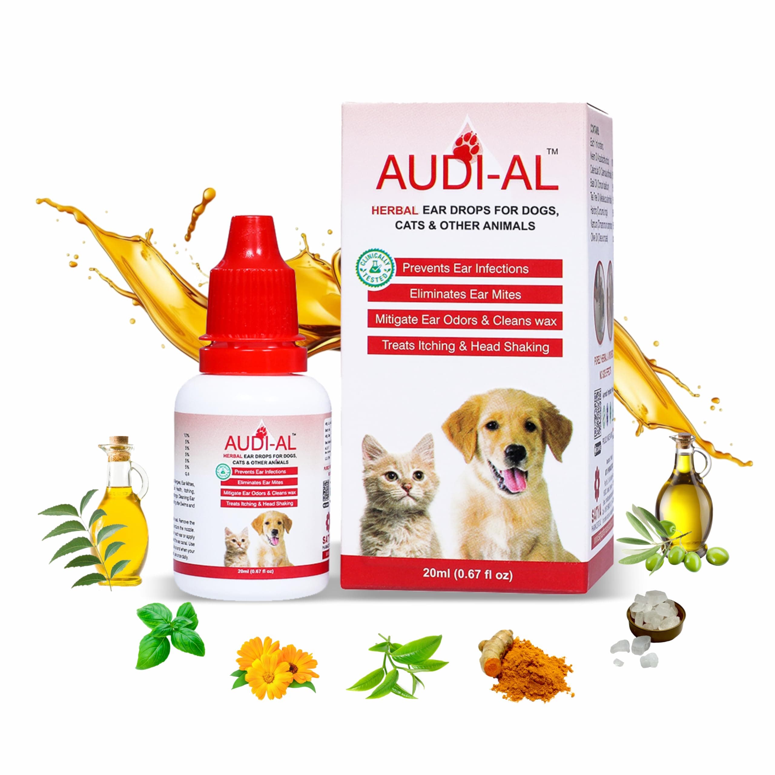 Audial Ear Drops for Pets|100% Herbal Gentle Ear Cleaner for Ear Infections Ear Mites Bad Odour Head Shaking in Dogs and Cats|No Side Effects (Pack of 3)
