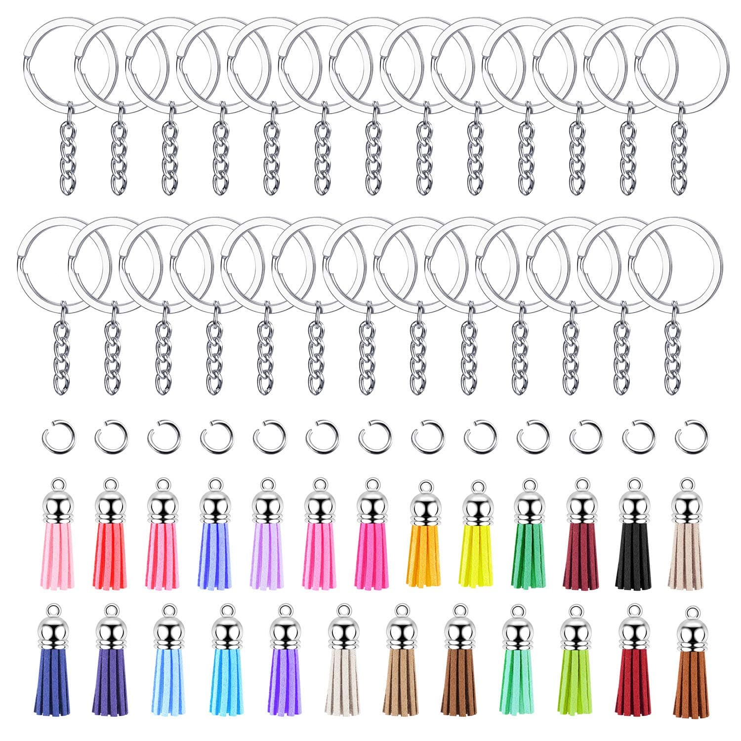 JEWMAY 100Pcs Keychain Tassels Split Key Chain Rings with Chain Leather Tassel and Jump Rings Bulk for Crafts Supplies