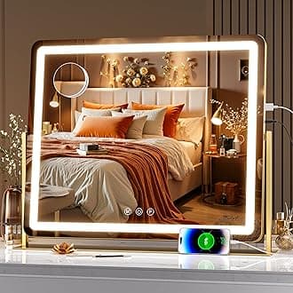 Hasipu Vanity Mirror with Lights, 25" x 21" LED Makeup Mirror, Light up Mirror with 10X Magnification and Phone Holder, USB Charging Port, Smart Touch 3 Colors Dimmable, 360° Rotation (Gold)