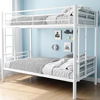 Twin Over Twin Bunk Bed,Heavy Duty Metal Bunk Bed Frame for Adults,2 Side Ladder,Guardrail,Space-Saving,Noise Reduced,No Box Spring Needed,Black (White, Twin Over Twin)