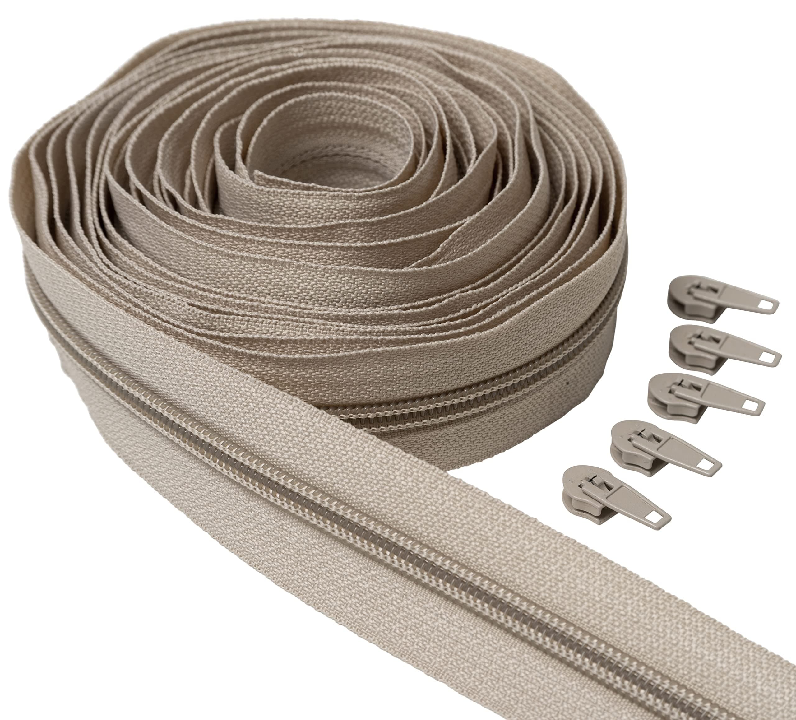 IPEA Continuous Zip 5 Meters Long + 25 Metal Sliders - Chain Size #5 - Made in Italy - Nylon Zippers - Zip - Cut to Sewing by The Metre - Width 30 mm - Beige