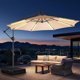 - 10 ft Offset Patio Umbrella with Solar Lights, LED Lighted Umbrella Outdoor Patio with Base Included, Heavy Duty Hanging Cantilever Umbrellas for Pool Deck with UV Protection&Easy Tilt, Beige