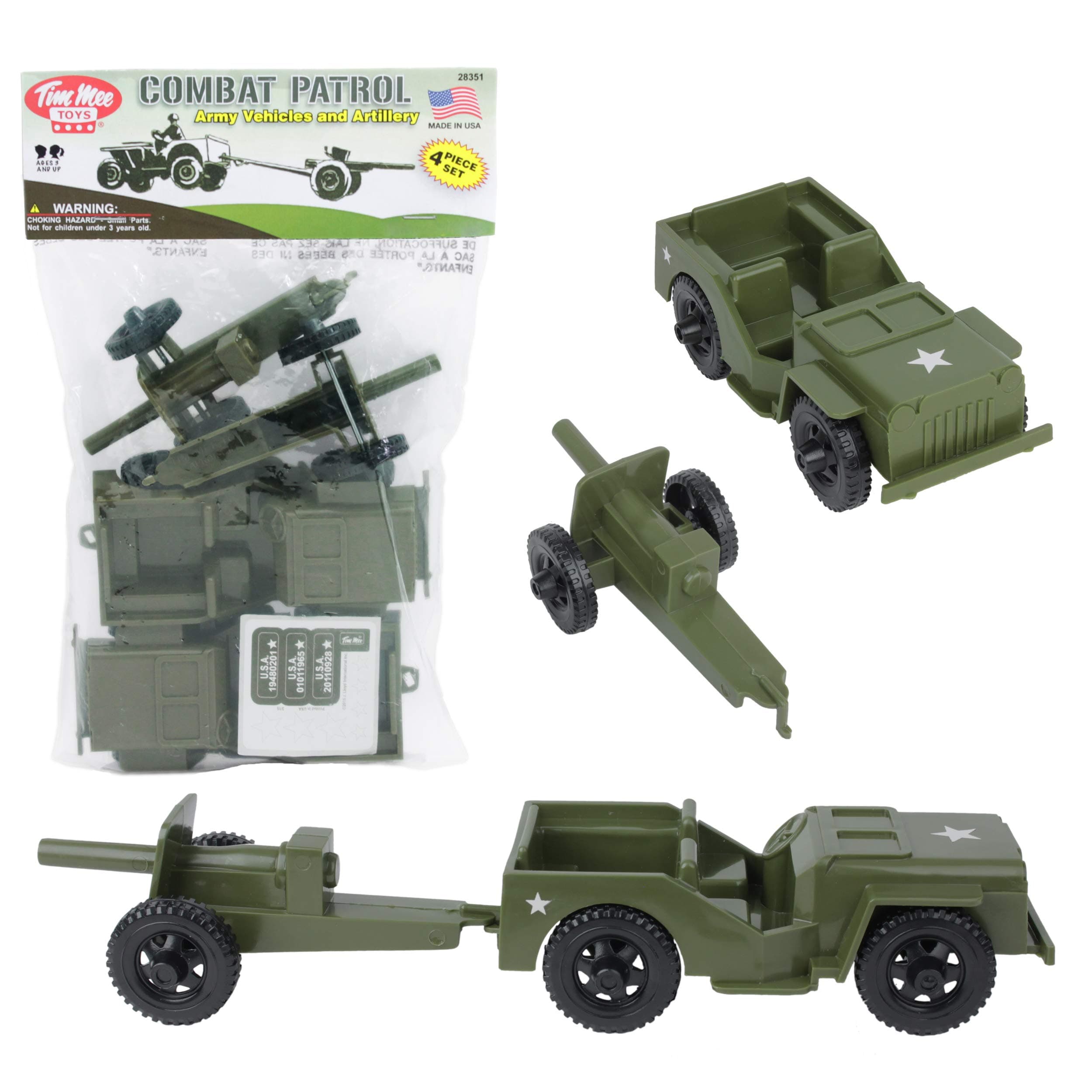 TimMee COMBAT PATROL Willys & Artillery: Green 4pc Playset - Made in USA