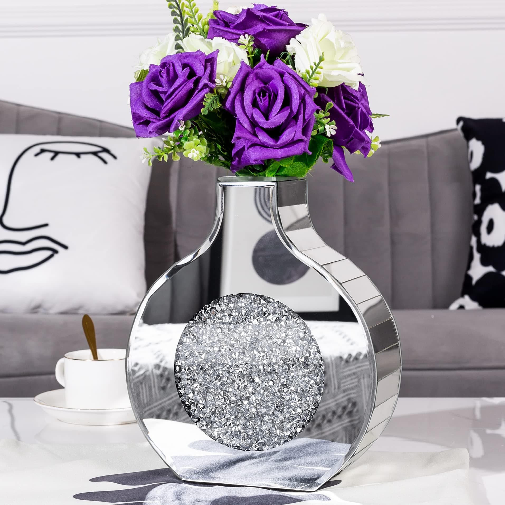 Flower Vase Mirror Finish Vases for Decor, Crystal Decorative Vase for Flower Circle Donut Crushed Diamond Home Decoration Tabletop, Silver 9 inches Tall, Can’t Hold Water