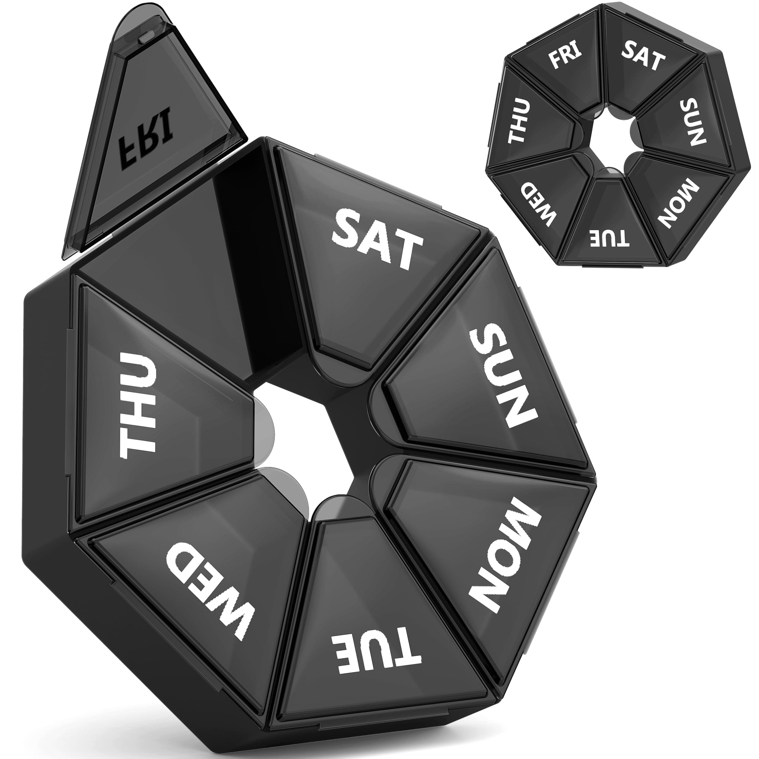 Weekly Pill Organizer, 2 Pack Portable Travel Pill Box Dispenser Medicine case 6 Colors (Seven Day) New Edition for Vitamin/Fish Oil/Pills/Supplements-Arthritis Friendly (Black)