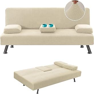 4 Pieces Stretch Futon Covers Sofa Bed Slipcover with Removable Armrests and Cupholders Covers Furniture Protector High Spandex Small Checks Jacquard Fabric, Natural