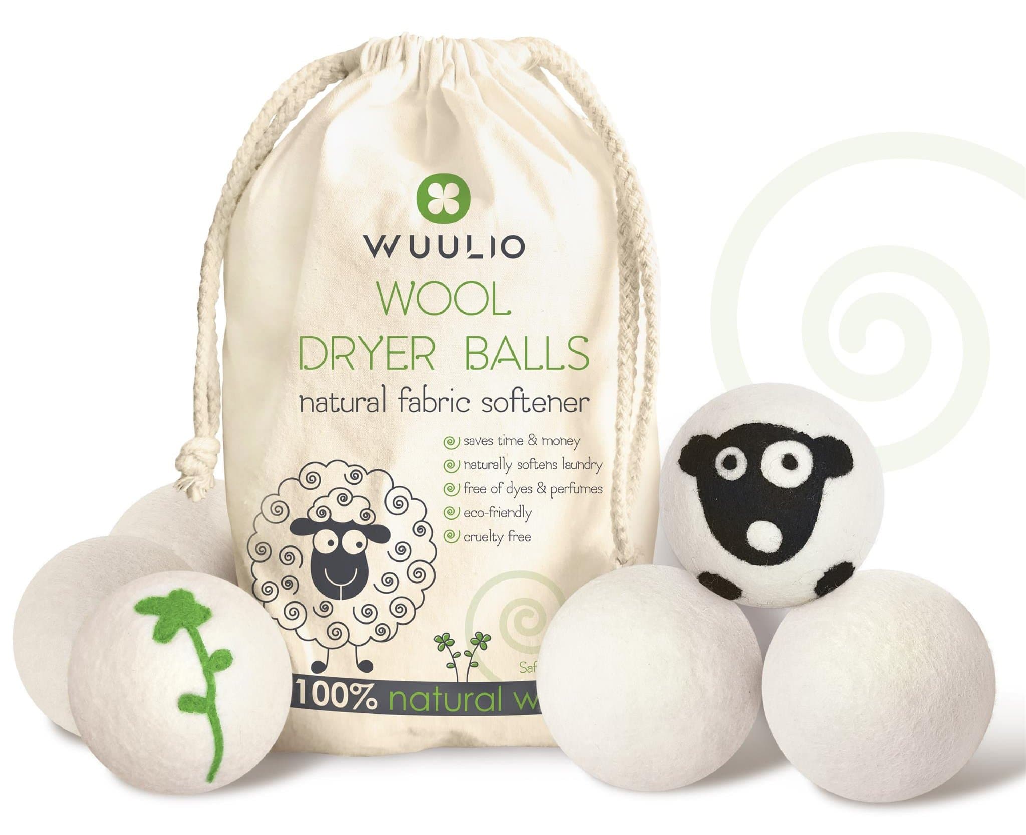 Wool Dryer Balls Organic 6 Pack XL Anti-Static Reusable Natural Fabric Softener - Hypoallergenic Unscented New Zealand Felt - Reduce Wrinkles - Shorten Laundry Drying Time - Wuulio Kit