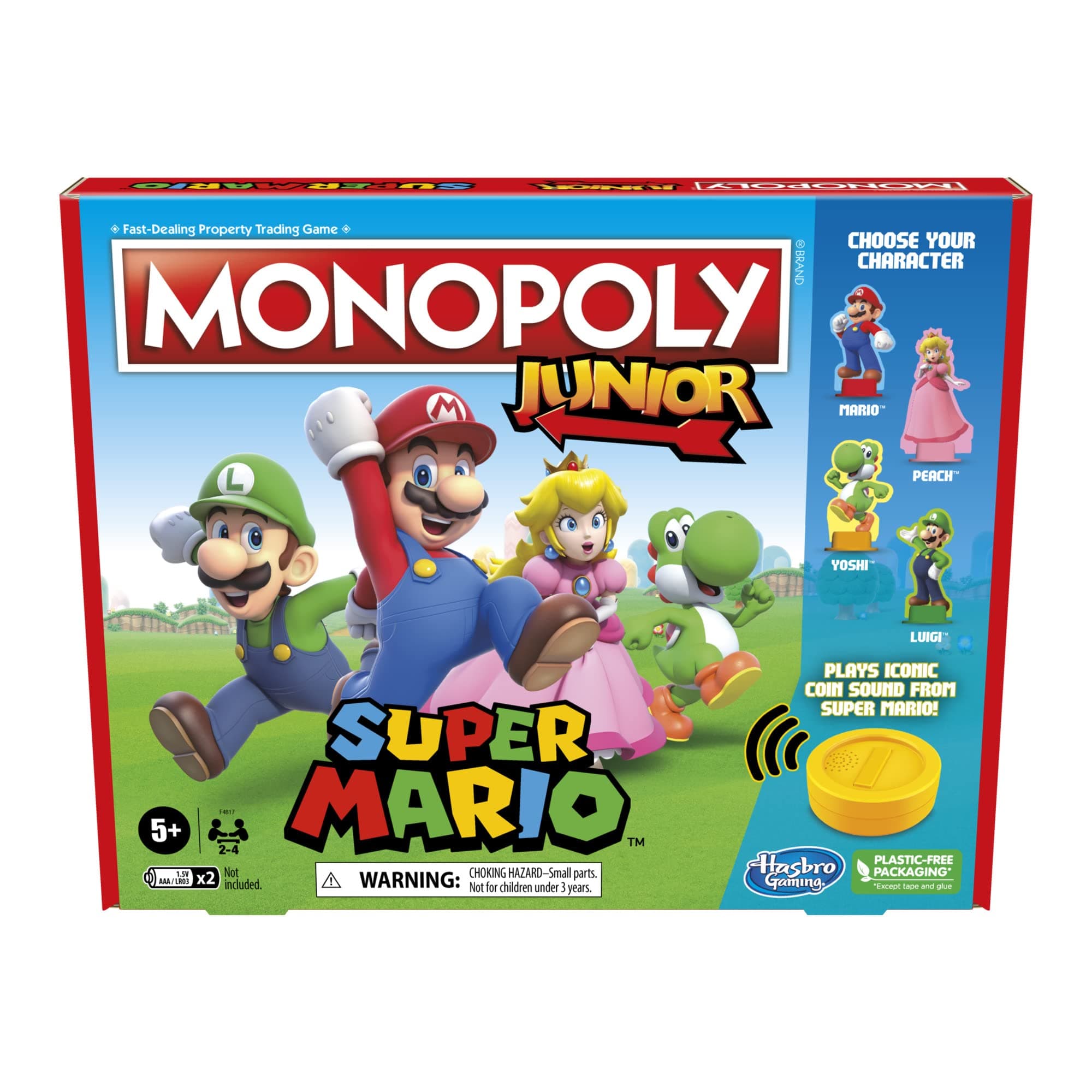 Monopoly Junior Super Mario Edition Board Game, Fun Kids' Game Ages 5 and Up, Explore The Mushroom Kingdom as Mario, Peach, Yoshi, or Luigi (Amazon Exclusive)