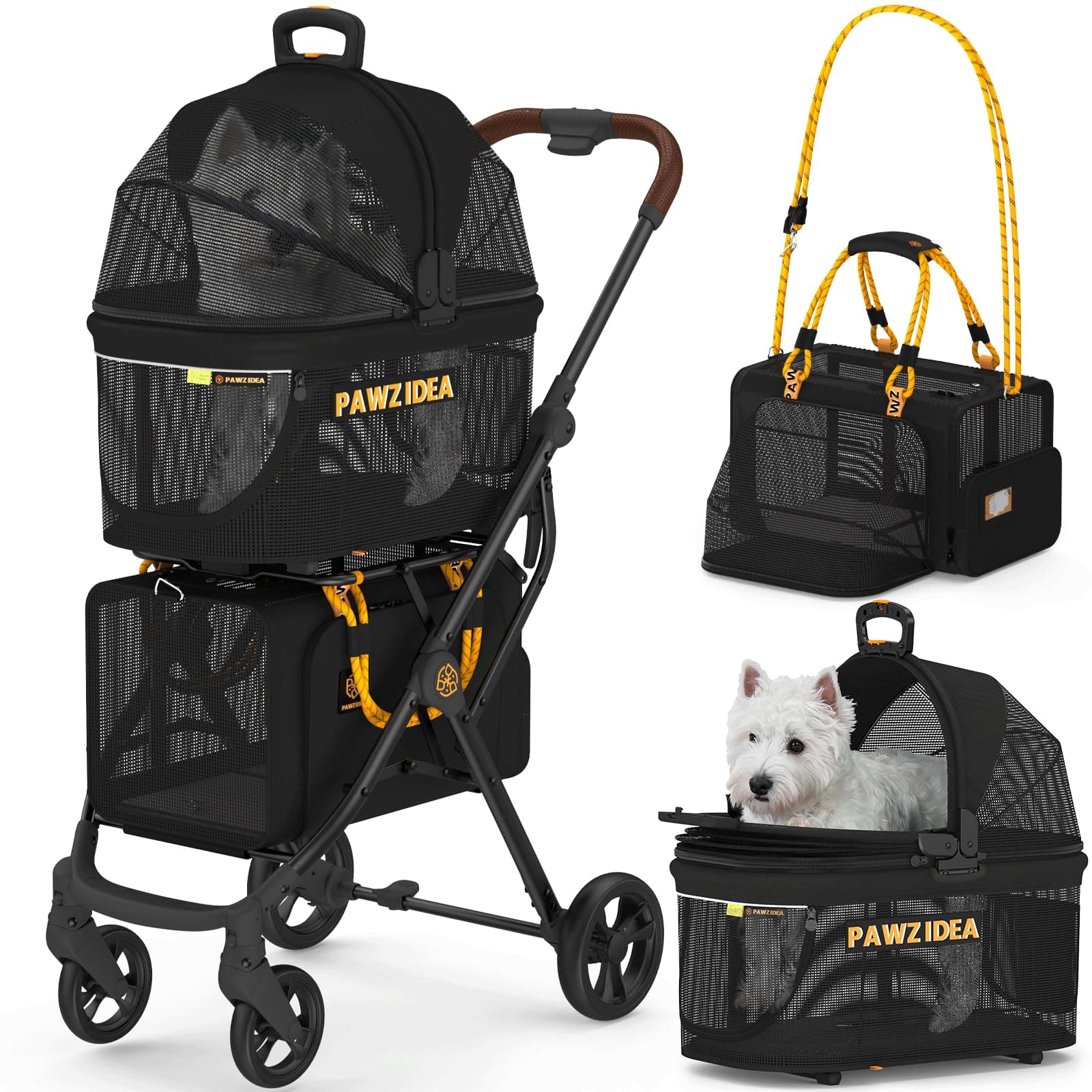 PAWZIDEA Double Pet Stroller with 2 Detachable Carriers, TSA Approved Expandable Cat Carrier Bag, Seatbelt Pet Travel Car Seat, Removable Foldable Dog Jogger Stroller for 2 Cats & Small/Medium Dogs