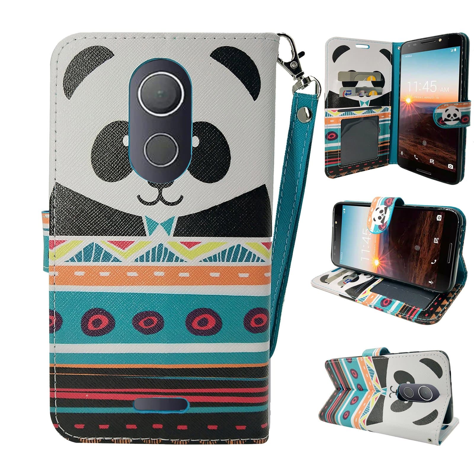 Coolpad (T-Mobile) REVVL Plus 6.0"/ 3701A Cute Credit Card Slot PU Leather Flip Folio Wallet with Detachable Strap [Fold Kickstand] (Panda Bear)