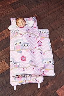 EVERYDAY KIDS Nap Mat with Removable Pillow - Carry Handle with Straps Closure, Rollup Design, Soft Microfiber for Preschool, Daycare, Travel Sleeping Bag - Sweet Owls - Ages 3-6 Years