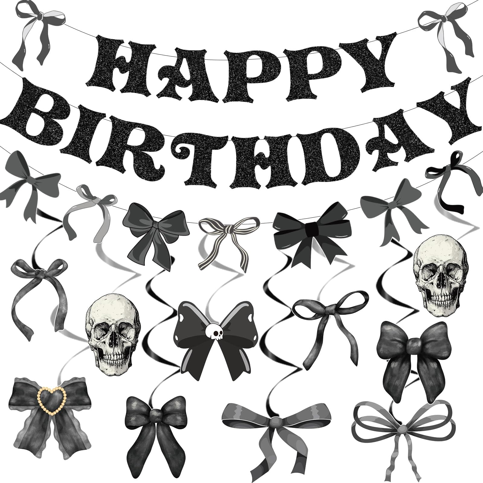Black Bow Party Decorations - 13PCS Gothic Birthday Decorations Skull Skeleton Goth Party Supplies for Girls Women Black Bow Coquete Happy Birthday Banners Hanging Swirls
