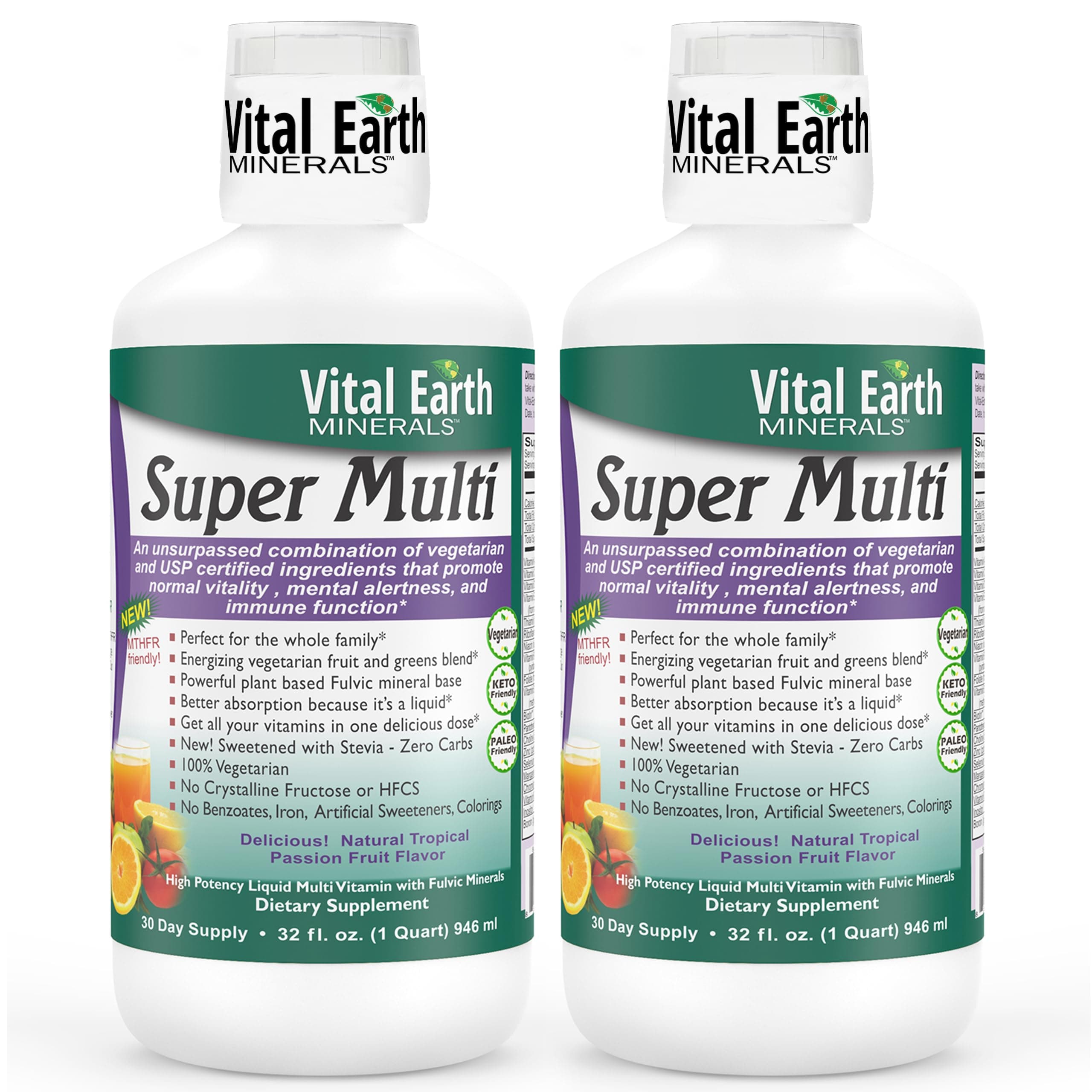 2 Pack! Super Multi Liquid Vitamin 32 Fl. Oz. - 1 Month Supply Each- High Potency - Sugar Free - Iron Free - MTHFR Friendly- Liquid Multivitamin with Ionic Fulvic