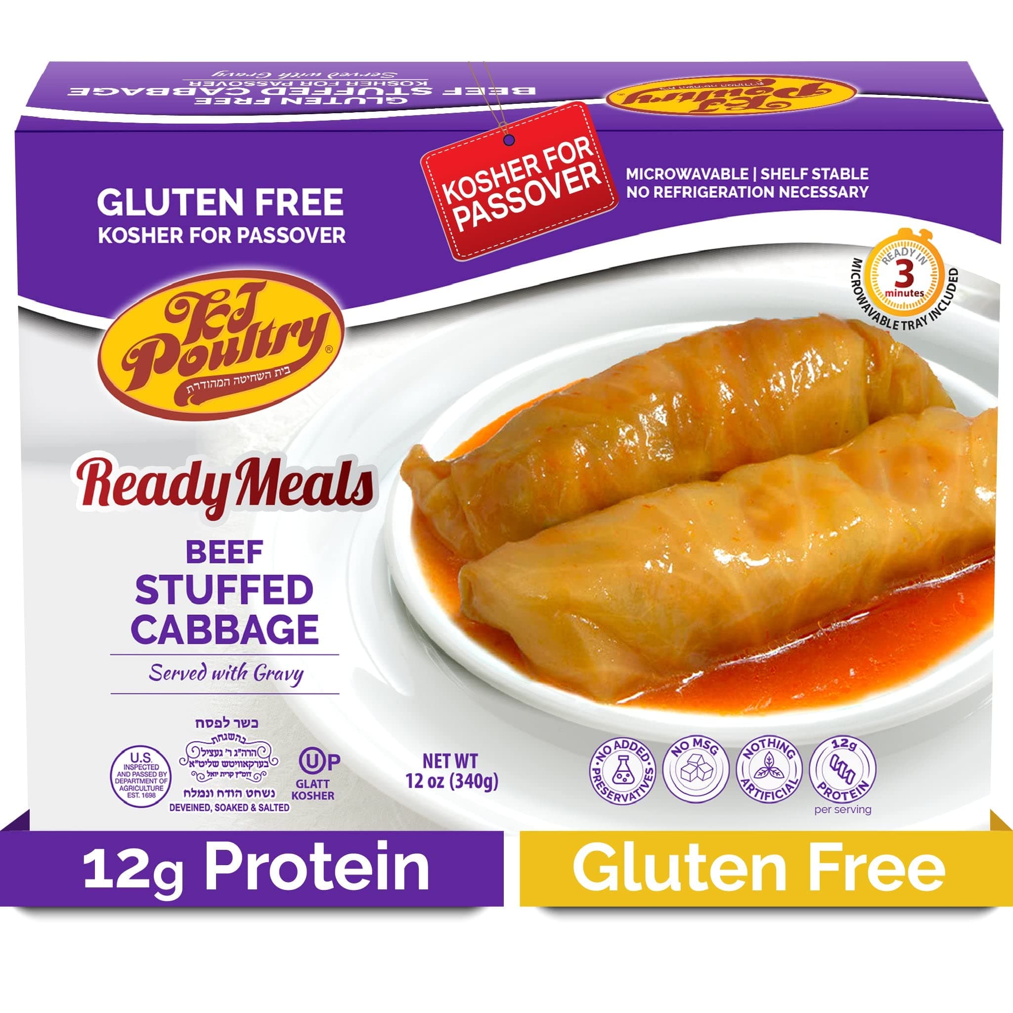 Kosher for Passover Gluten Free Meals, Beef Stuffed Cabbage Rolls in Gravy (1 Pack) Prepared Entree Fully Cooked, Shelf Stable Microwave Dinner, Travel Military Camping