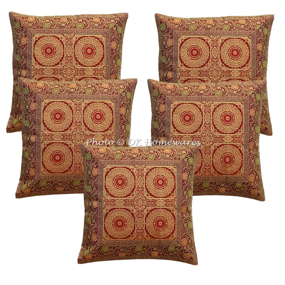 Ethnic Decorative Accent Throw Pillow Covers 16 x 16 Inch Brocade Jacquard Mandala Boho Square Sofa Cushion Covers (Size - 40x40 cm ; Color: Maroon & Gold) - Set of 5 Pcs (Cover Only)