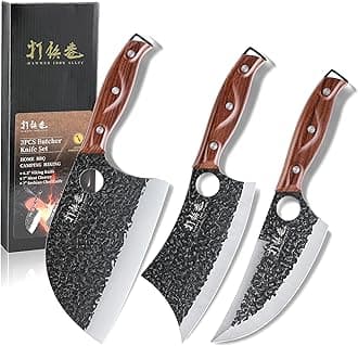 3PCS Butcher Knife Set, 7" Butcher Meat Cleaver, 7" Serbian Chef Knife and 6.5" Viking Knife, Hand Forged Kitchen Knife Set with Plastic Handle, Geat for Home, Camping, BBQ (Unique Finger Hole Design)