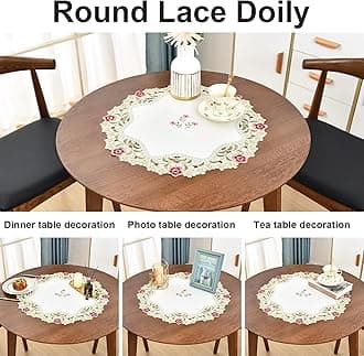 Wolkemer 2 Pack Small Round Doily Embroidered Place Mat Lace Table Topper Vintage Beige End Table Cover for Coffee Wedding Dinning Party 20 Inch