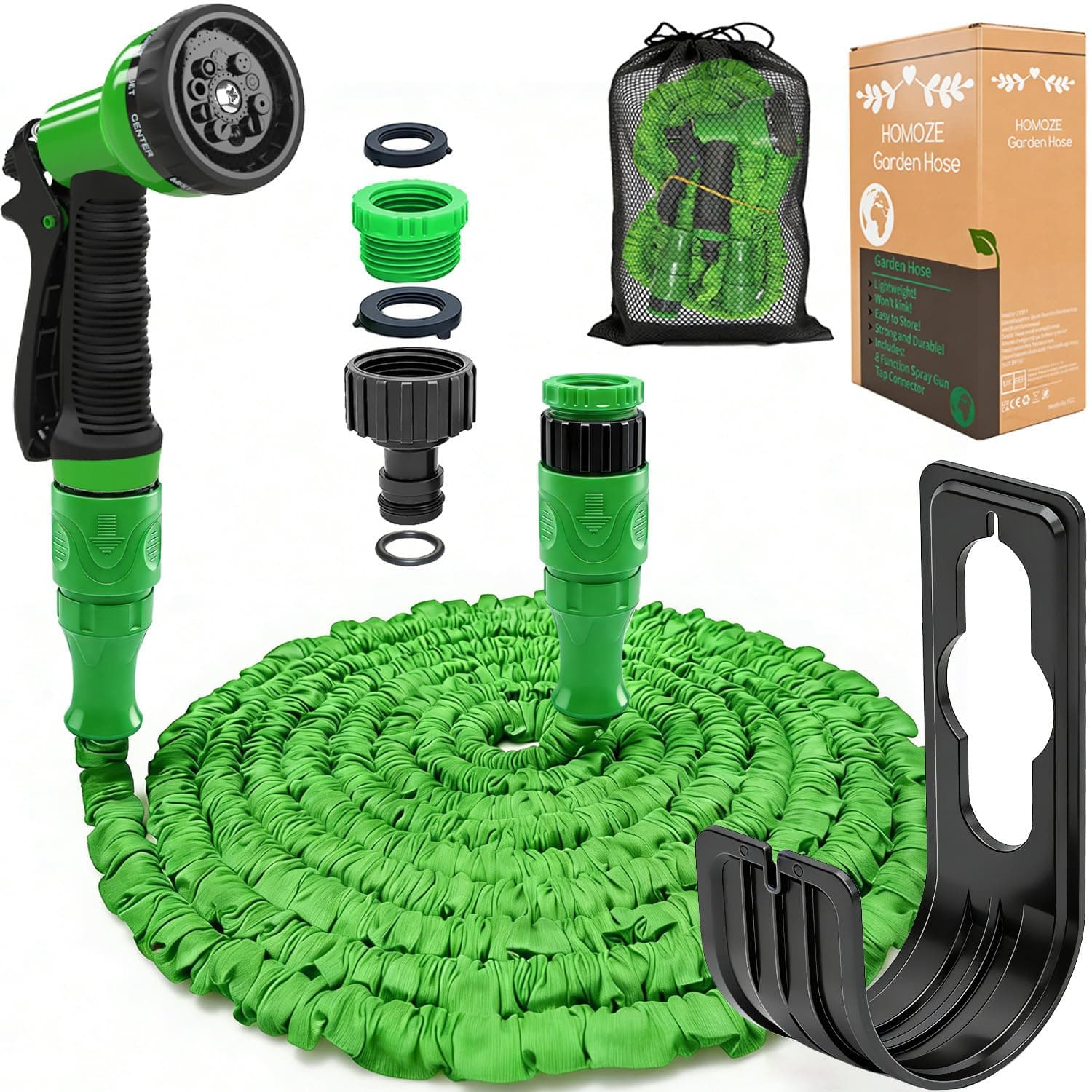 Garden Hose Pipe Expandable Garden Hose with 3/4", 1/2" Fittings, Anti-Leakage - Flexible Expanding Hose with 10 Function Spray Nozzle by Homoze (Green, 50ft)