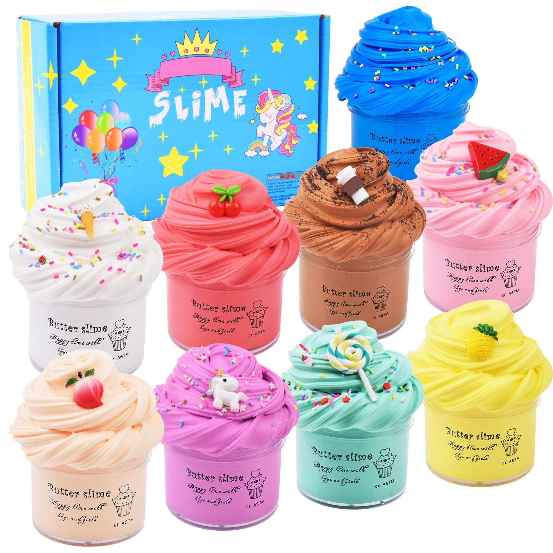WUHUANIU 9 Pack Scented Butter Slime Kit,Ideal Slimes Bulk for Kids,Super Soft and Non Sticky DIY Slime Surprise Toy,with Charm Unicorn,Cherry,Ice Cream,Cake,Watermelon,Latte and More