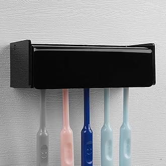 5 Slots Wall Mount Toothbrush Holder with Cover, Self Adhesive Toothbrush Storage Organizer for Shower, Toothbrush Hanger for Bathroom, Medicine Cabinet, Dorm (Black)