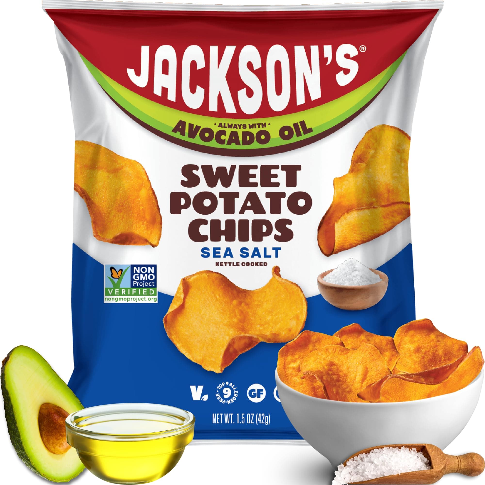 Jackson’s Sweet Potato Kettle Chips with Sea Salt made with Premium Avocado Oil (1.5 Ounce, Pack of 18) - Allergen-friendly, Gluten Free, Peanut Free, Vegan, Paleo Friendly - Shark Tank Product
