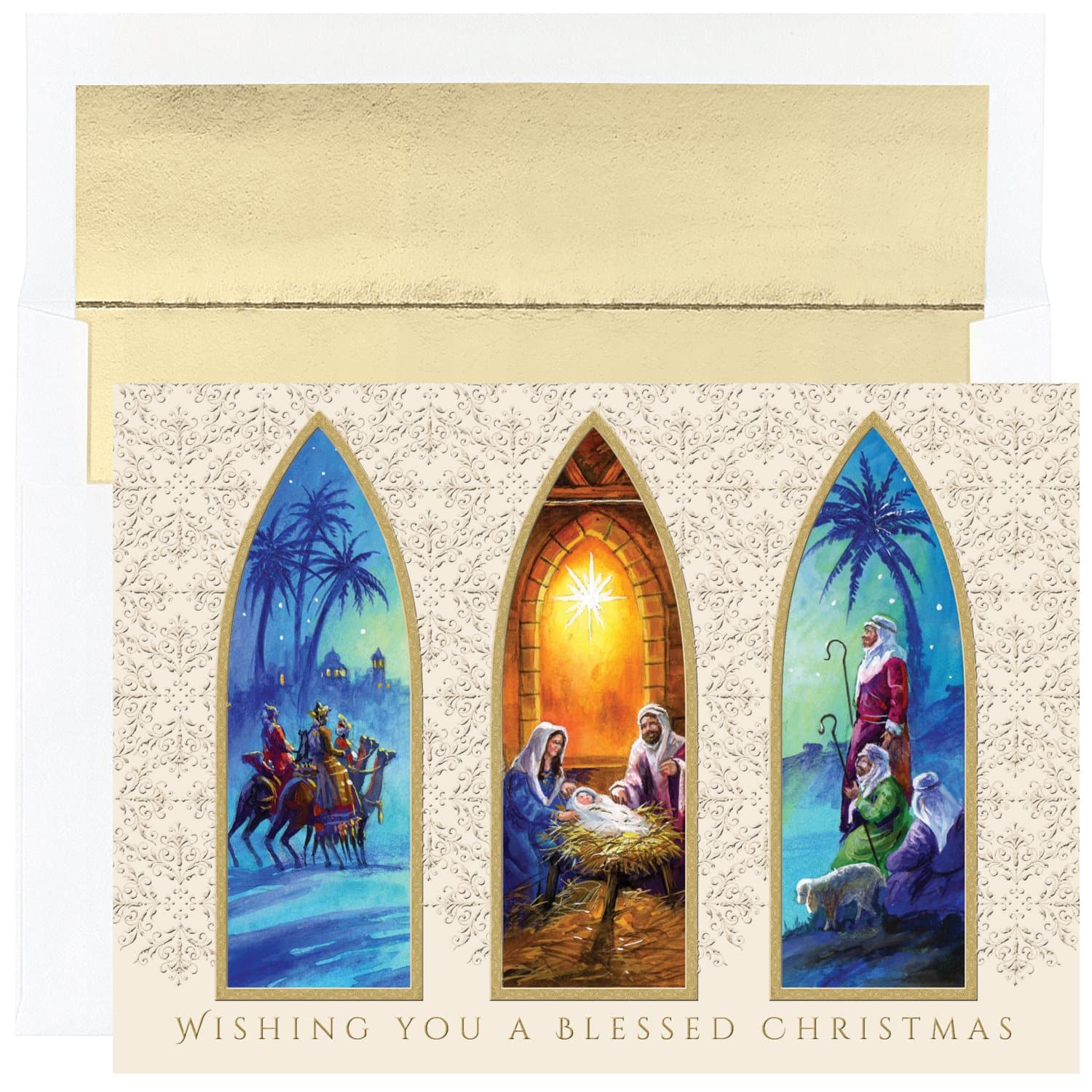 Masterpiece Studios Holiday Collection Premium 15-Count Boxed Embossed Religious Christmas Cards with Foil-Lined Envelopes, 7.8" x 5.6", Christmas Triptych (857000)