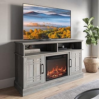 BELLEZE 48" TV Stand with 18" Electric Fireplace Heater, Modern TV Stand for TVs up to 50", Entertainment Media Stand with Open Shelves and Storage Cabinets for Living Room, Bedroom (Grey Wash)