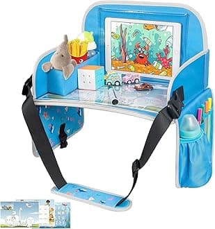 MENZOKE Kids Travel Tray, Car Seat Trays for Kids Travel, Toddler Airplane Travel Accessories with Tablet Holder, Road Car Travel Accessories Kids with Dry Erase Board & Storage Pocket, Blue