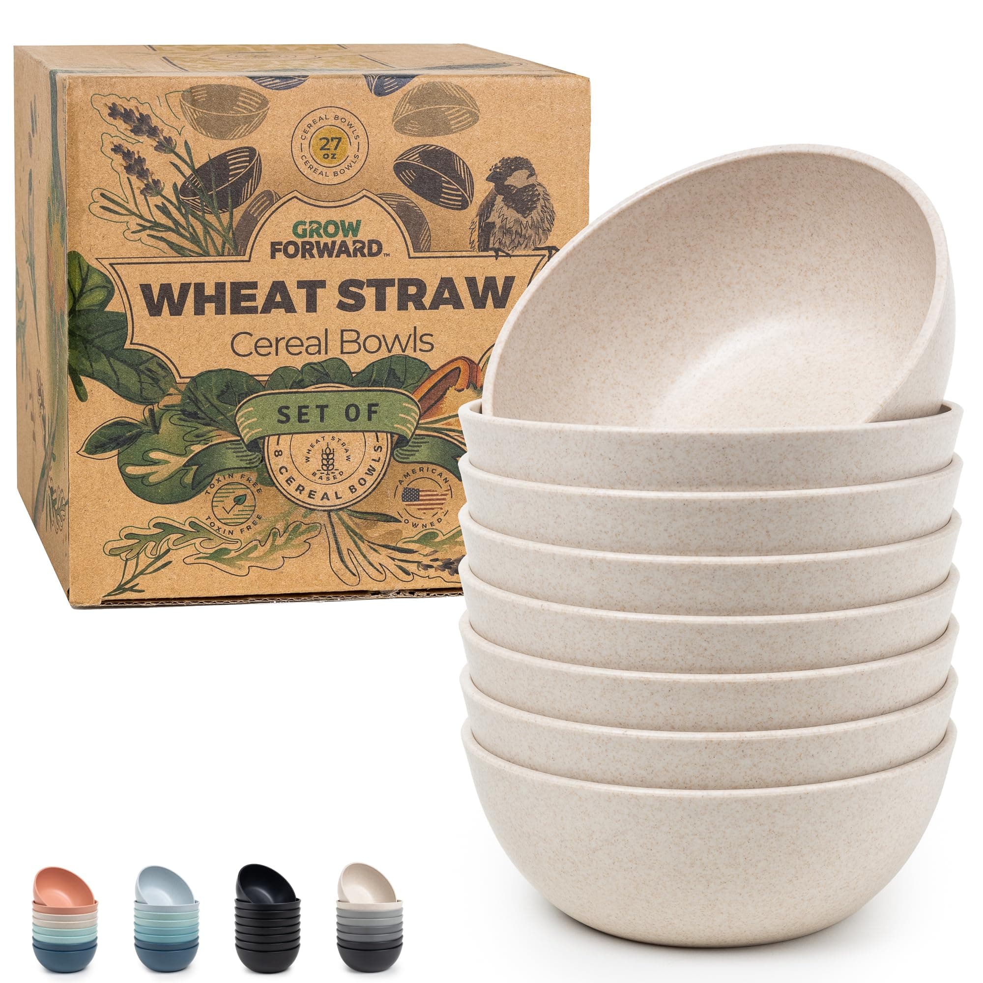 Grow Forward Premium Wheat Straw Bowls Set of 8 - Reusable 27oz Hard Plastic Cereal Bowls - Unbreakable Microwave Safe Bowls for Kitchen, Camping, RV, Dessert, Soup, Salad, Ramen, Eating - Sahara