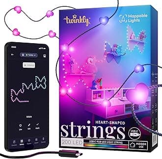 Twinkly Strings USB-C Heart 200 LED, Heart-Shaped LED Light String, RGB Multicolor LED Lights, Valentine's Day Lights, Compatible with Alexa, Google Home, USB-C Power, Green Wire, 39.4ft