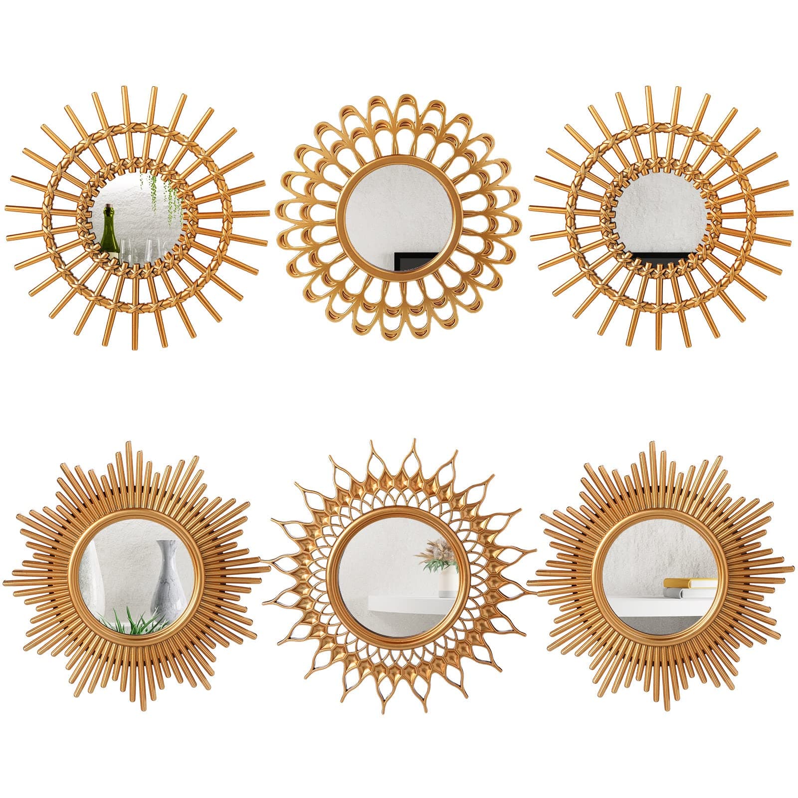 Namalu 6 Pcs Sunburst Mirror for Wall Decor, Small Circle Sun Decorative Mirror Hanging for Art Entryway Home Decor Bathroom Bedroom Living Room(Classic,Gold)