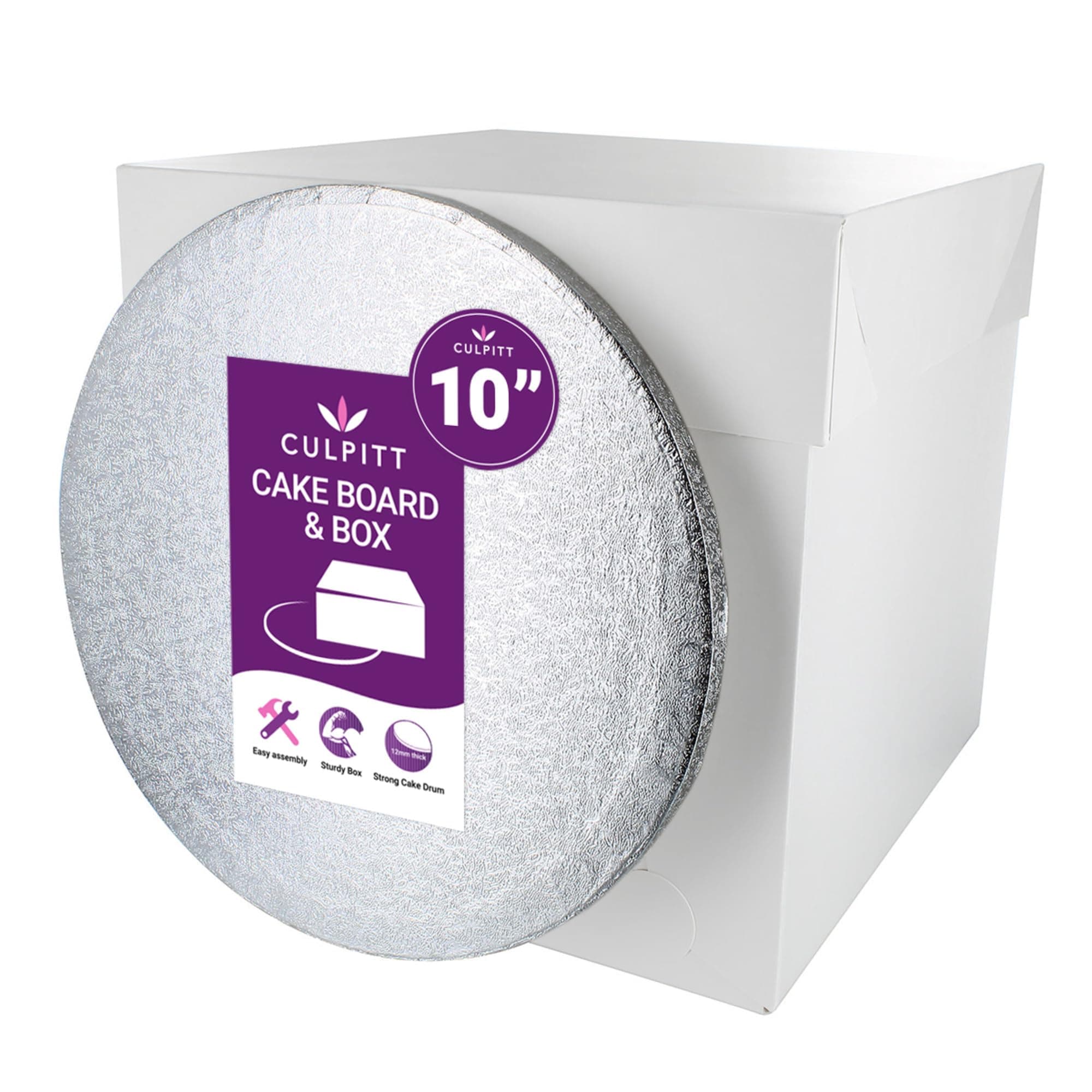 Culpitt 10" Round Silver Cake-Board & Tall White Cake-Box Combo, 10 x 10 x 10 Inch Square Box and Matching Circle Set For Tiered or Decorated Transport