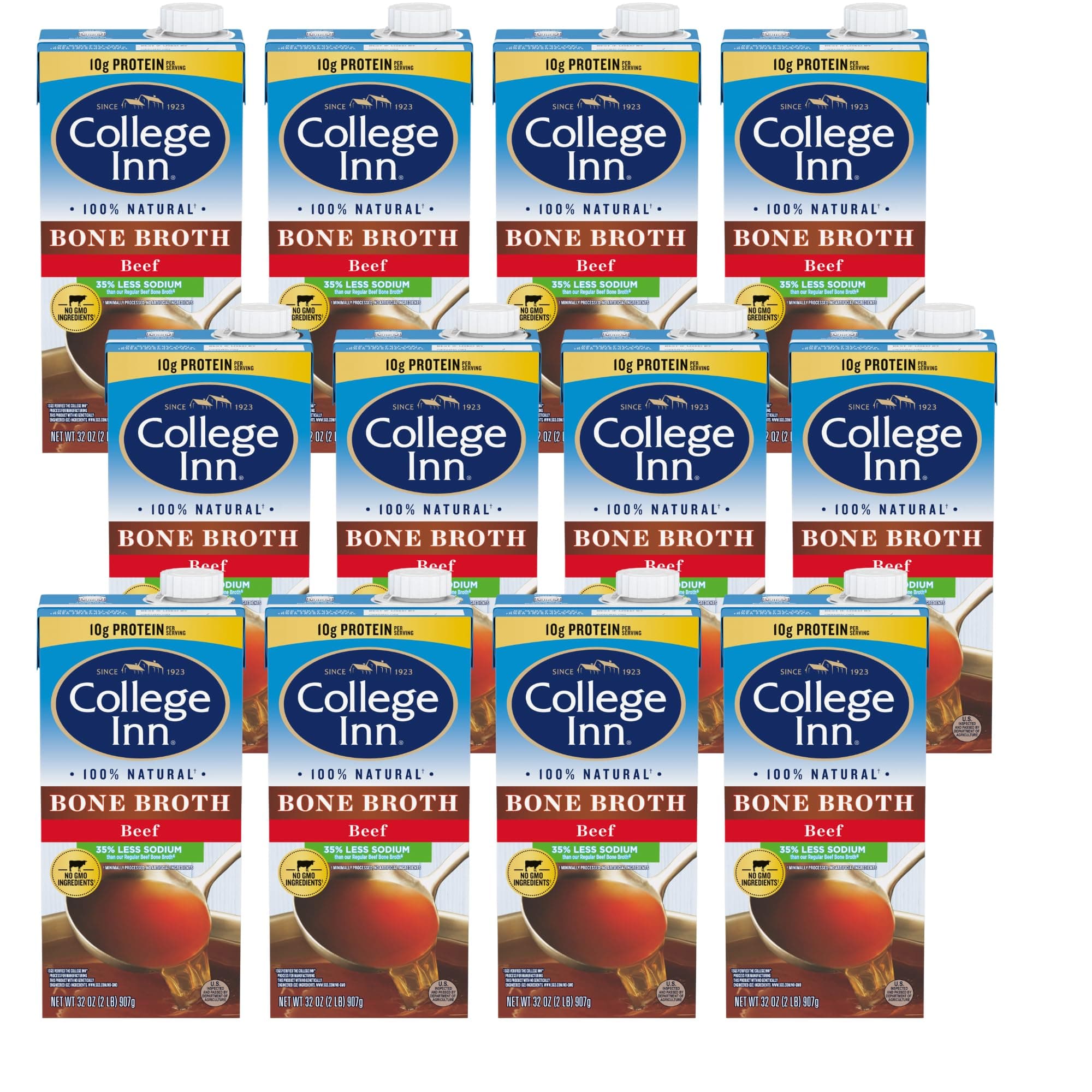 COLLEGE INN Reduced Sodium Beef Bone Broth, 12 Pack, 32 oz Carton,Clear