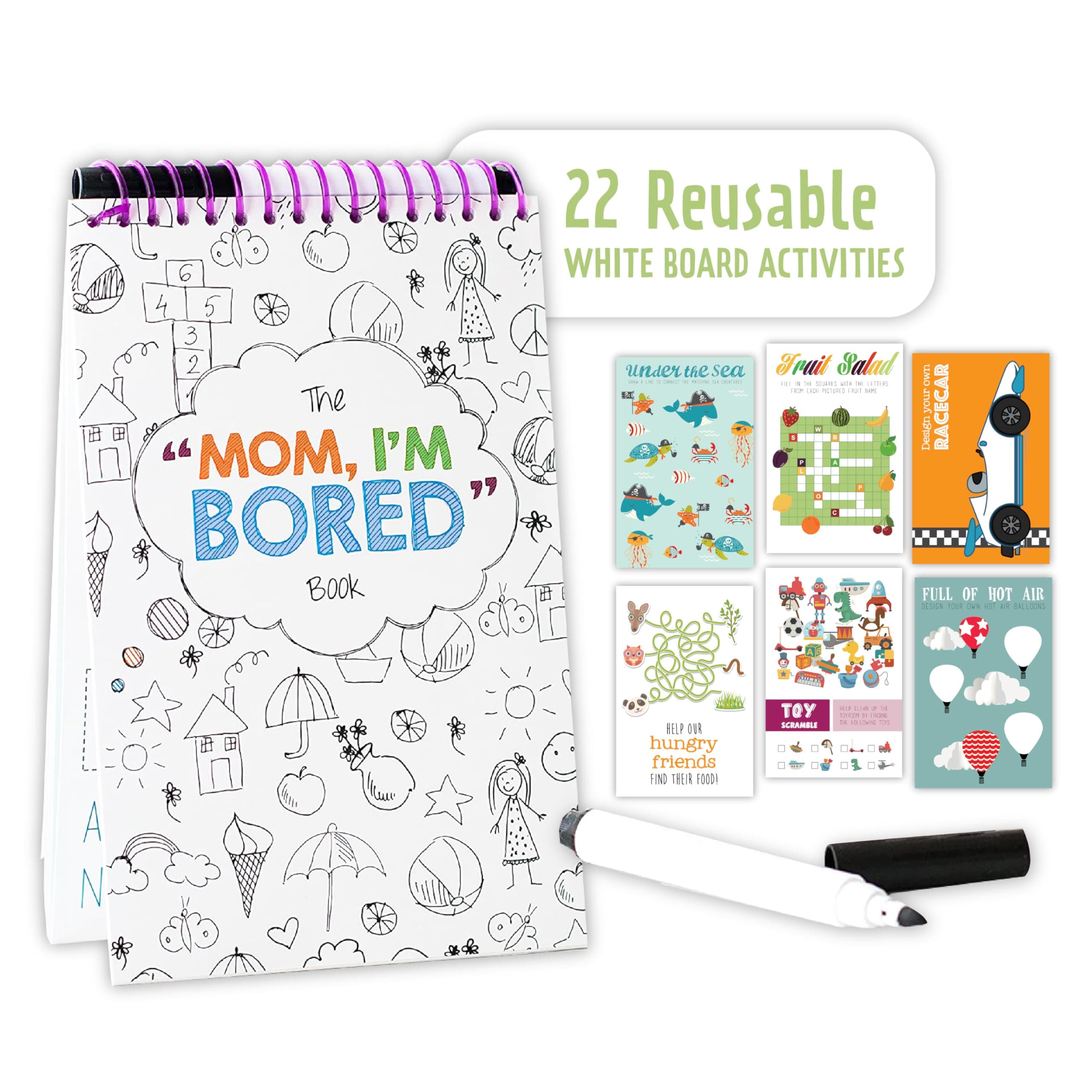 Squirrel Products Mom, I'm Bored Children's Activity Book, Fun Reusable Dry Erase Toy - Roadtrip Essentials, Word Games, Screen Free Activites for Kids Ages 3 and Up - Original Version