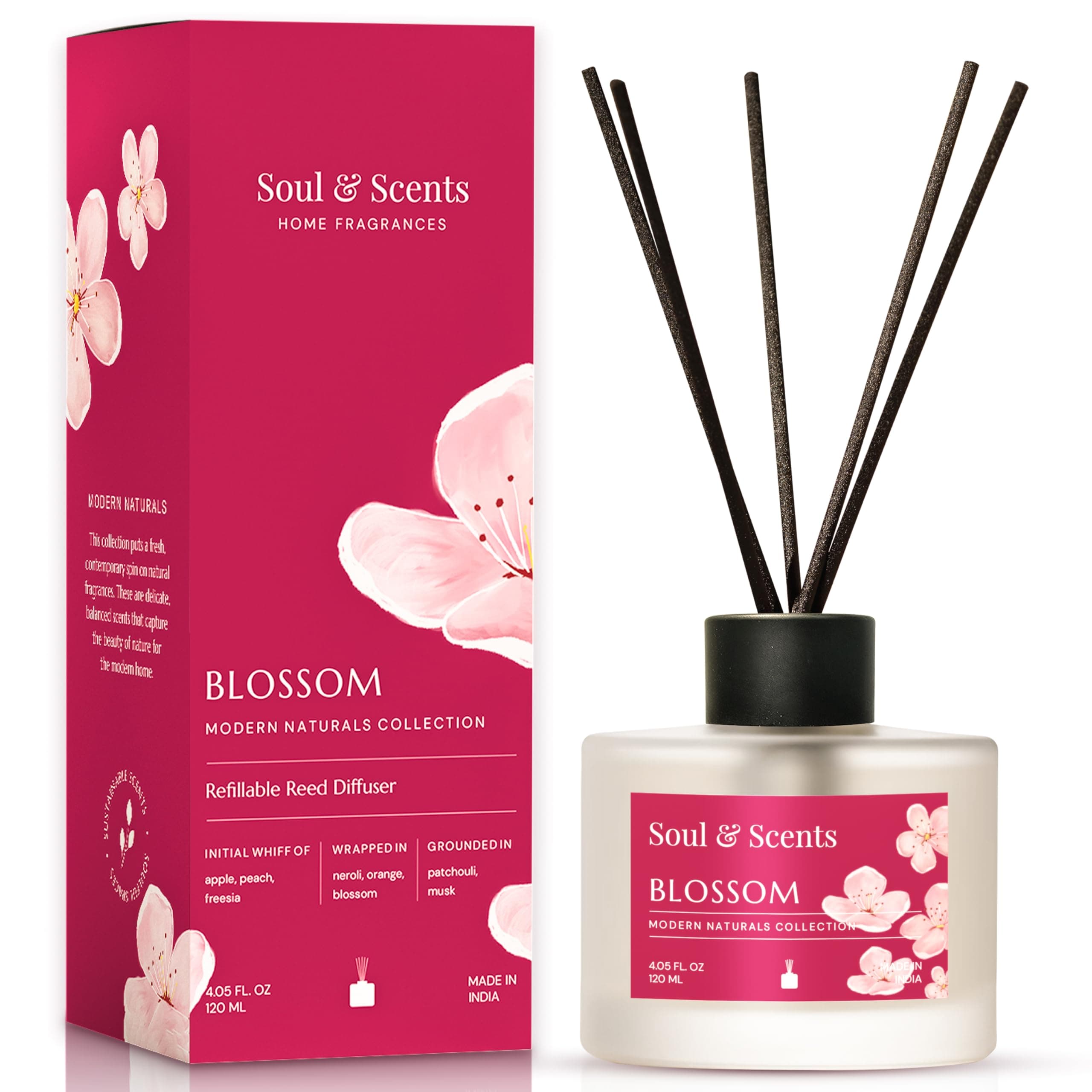 Soul & Scents 120Ml Blossom Reed Diffuser Set | Free 6 Fiber Reed Sticks | Toxin Free & Stress Relief | Long Lasting | Smoke Less Room Freshener for Home, Bedroom, Living Room & Office
