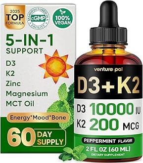 Venture Pal 5-in-1 Vitamin D3 10000 IU & K2 as MK-7 200mcg with Magnesium, MCT Oil, Zinc, Sugar-Free Vitamin D Liquid |Maximum Absorption for Bone, Mood & Immune Health - 2 FL OZ, 64 Days