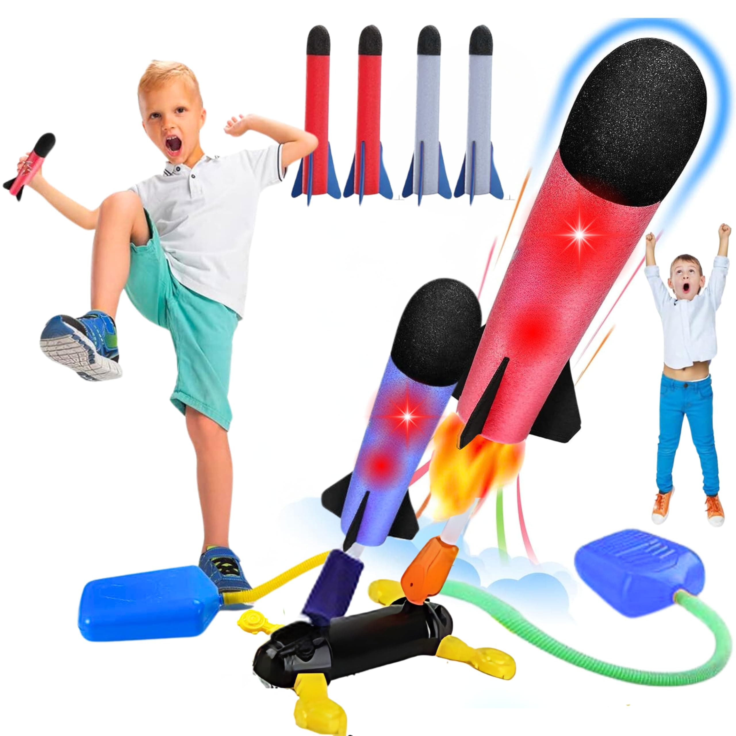 Toy Rocket Launcher for Kids - Stomp Toy Rocket with 6 Foam Rockets 2 Launchers Air Rocket Launcher for Kids 3-5-8-12 Shoot Up to 100 Feet Dueling Outsides Outdoor Kids Gift Toys